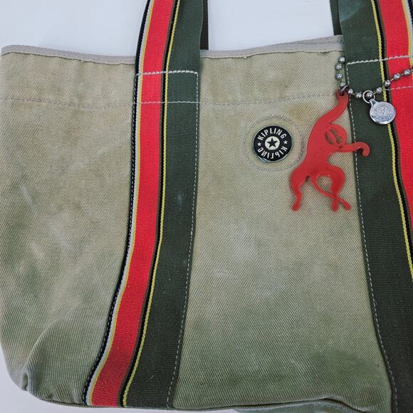 Y2K Kipling Conor Military Green Canvas Large Tote Bag Double Handle & bag charm - Picture 8 of 12